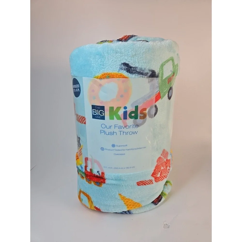 The Big One Kids Construction Trucks Blue Supersoft Plush Throw 5'‎ X 6' *New*